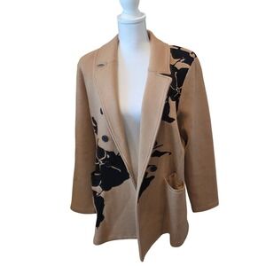 Chicos Tan Black Floral Print Knit Double Breasted Blazer Jacket Women US M